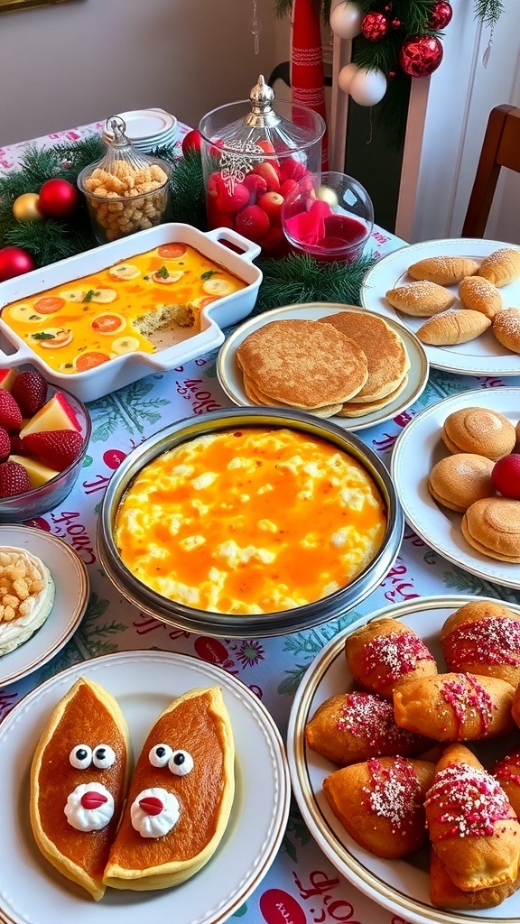 A festive Christmas brunch buffet with egg casserole, pancakes, fruit salad, and pastries on a decorated table.